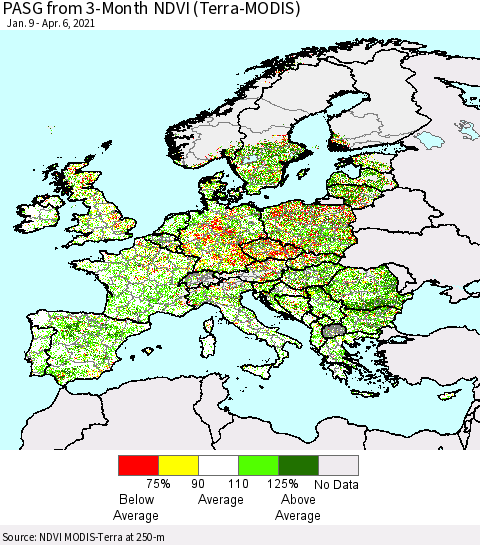 Europe PASG from 3-Month NDVI (Terra-MODIS) Thematic Map For 3/30/2021 - 4/6/2021