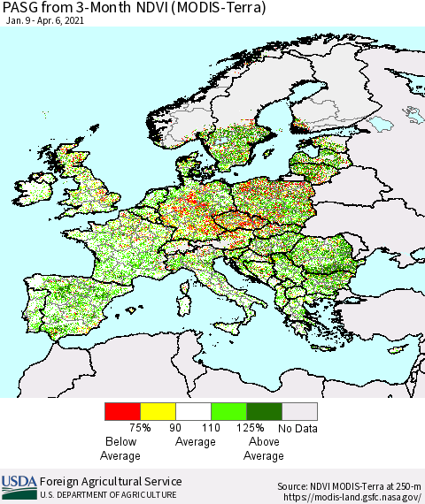 Europe PASG from 3-Month NDVI (Terra-MODIS) Thematic Map For 4/1/2021 - 4/10/2021