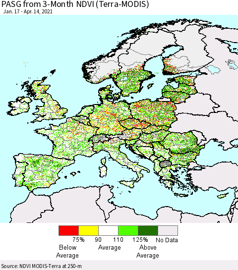 Europe PASG from 3-Month NDVI (Terra-MODIS) Thematic Map For 4/7/2021 - 4/14/2021
