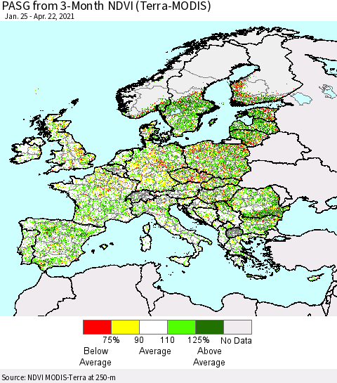 Europe PASG from 3-Month NDVI (Terra-MODIS) Thematic Map For 4/15/2021 - 4/22/2021