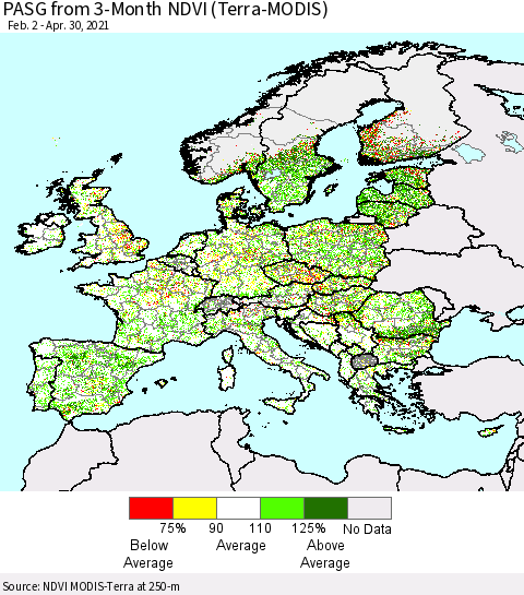 Europe PASG from 3-Month NDVI (Terra-MODIS) Thematic Map For 4/23/2021 - 4/30/2021