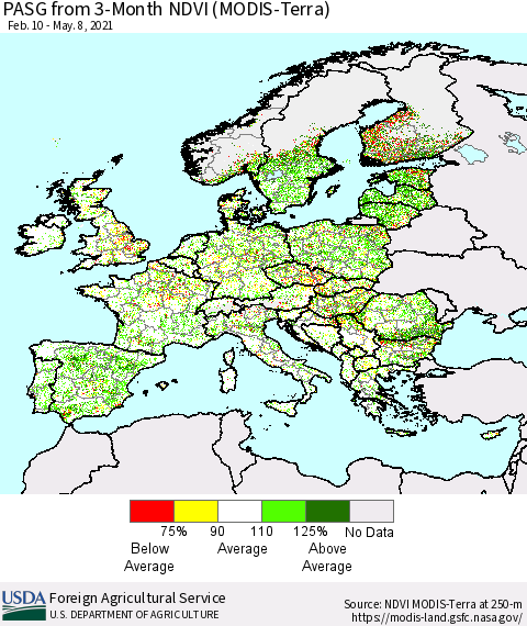 Europe PASG from 3-Month NDVI (Terra-MODIS) Thematic Map For 5/1/2021 - 5/10/2021