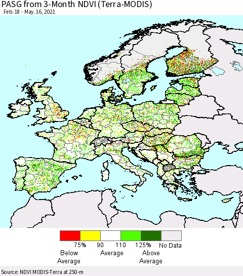 Europe PASG from 3-Month NDVI (Terra-MODIS) Thematic Map For 5/9/2021 - 5/16/2021