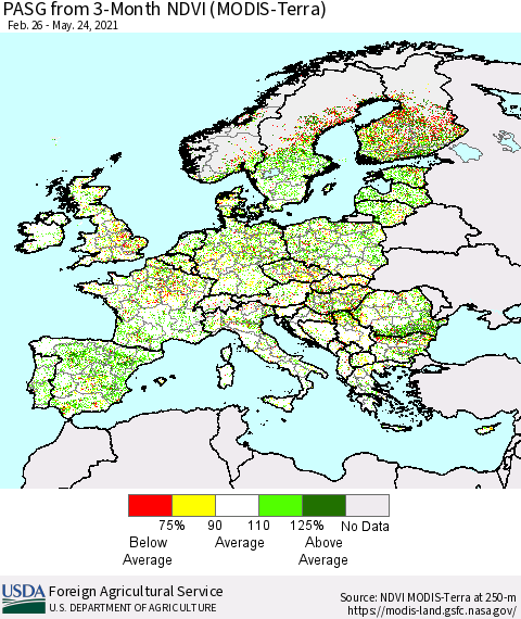 Europe PASG from 3-Month NDVI (Terra-MODIS) Thematic Map For 5/21/2021 - 5/31/2021