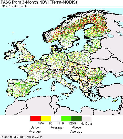 Europe PASG from 3-Month NDVI (Terra-MODIS) Thematic Map For 6/2/2021 - 6/9/2021