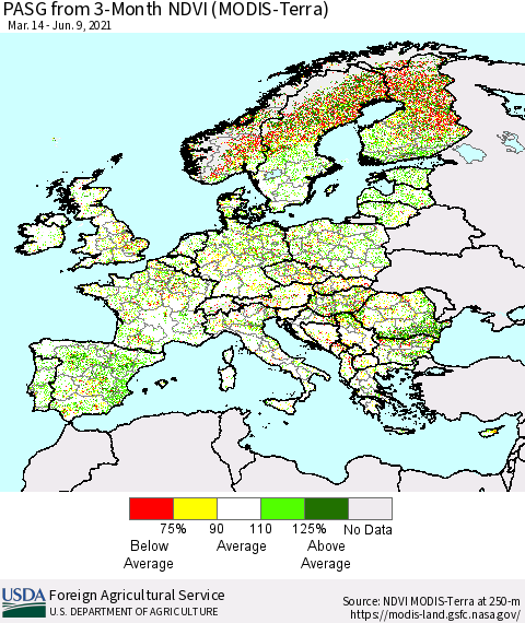 Europe PASG from 3-Month NDVI (Terra-MODIS) Thematic Map For 6/1/2021 - 6/10/2021