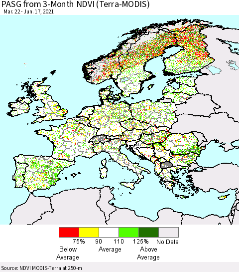 Europe PASG from 3-Month NDVI (Terra-MODIS) Thematic Map For 6/10/2021 - 6/17/2021