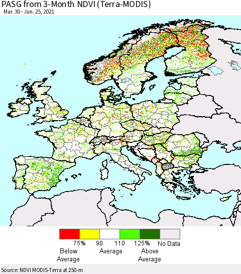 Europe PASG from 3-Month NDVI (Terra-MODIS) Thematic Map For 6/18/2021 - 6/25/2021
