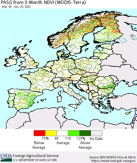 Europe PASG from 3-Month NDVI (Terra-MODIS) Thematic Map For 6/21/2021 - 6/30/2021