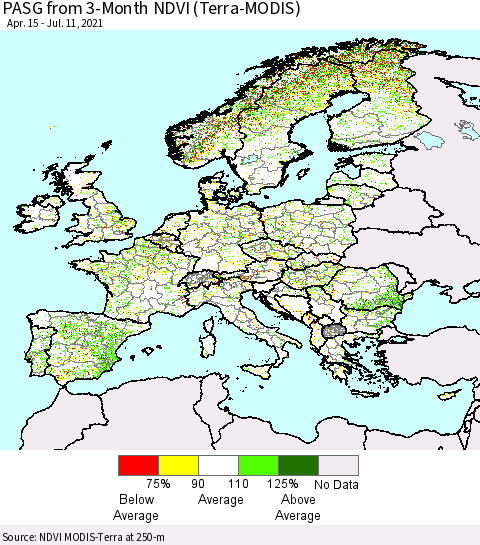 Europe PASG from 3-Month NDVI (Terra-MODIS) Thematic Map For 7/4/2021 - 7/11/2021