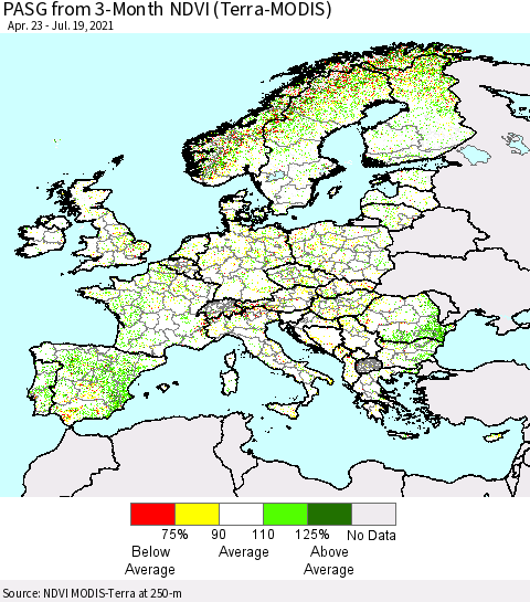 Europe PASG from 3-Month NDVI (Terra-MODIS) Thematic Map For 7/12/2021 - 7/19/2021