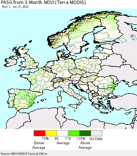 Europe PASG from 3-Month NDVI (Terra-MODIS) Thematic Map For 7/20/2021 - 7/27/2021