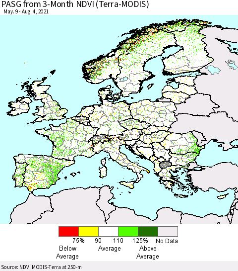 Europe PASG from 3-Month NDVI (Terra-MODIS) Thematic Map For 7/28/2021 - 8/4/2021