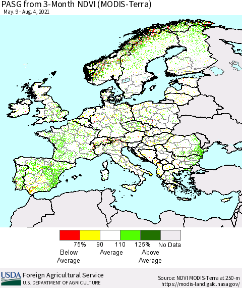 Europe PASG from 3-Month NDVI (Terra-MODIS) Thematic Map For 8/1/2021 - 8/10/2021