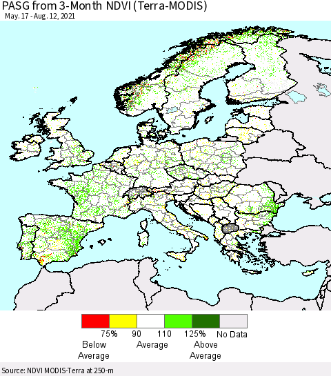 Europe PASG from 3-Month NDVI (Terra-MODIS) Thematic Map For 8/5/2021 - 8/12/2021