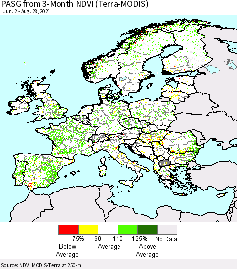 Europe PASG from 3-Month NDVI (Terra-MODIS) Thematic Map For 8/21/2021 - 8/28/2021