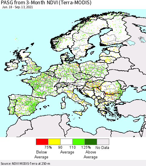 Europe PASG from 3-Month NDVI (Terra-MODIS) Thematic Map For 9/6/2021 - 9/13/2021