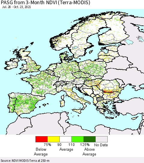 Europe PASG from 3-Month NDVI (Terra-MODIS) Thematic Map For 10/16/2021 - 10/23/2021