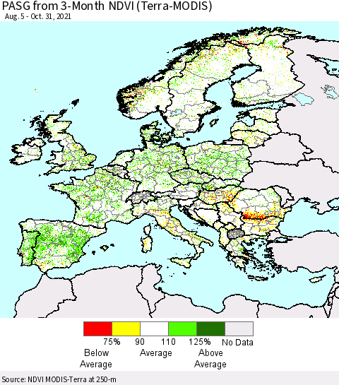 Europe PASG from 3-Month NDVI (Terra-MODIS) Thematic Map For 10/24/2021 - 10/31/2021