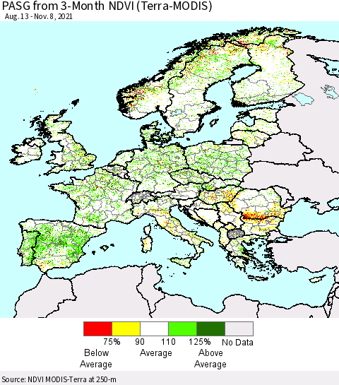 Europe PASG from 3-Month NDVI (Terra-MODIS) Thematic Map For 11/1/2021 - 11/8/2021
