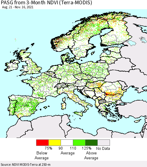 Europe PASG from 3-Month NDVI (Terra-MODIS) Thematic Map For 11/9/2021 - 11/16/2021