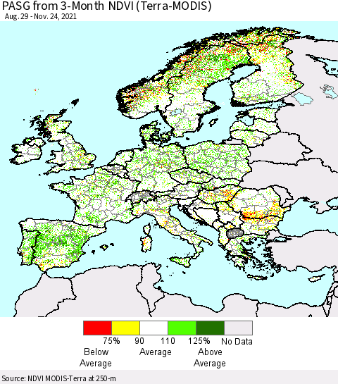 Europe PASG from 3-Month NDVI (Terra-MODIS) Thematic Map For 11/17/2021 - 11/24/2021