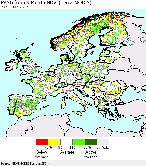 Europe PASG from 3-Month NDVI (Terra-MODIS) Thematic Map For 11/25/2021 - 12/2/2021