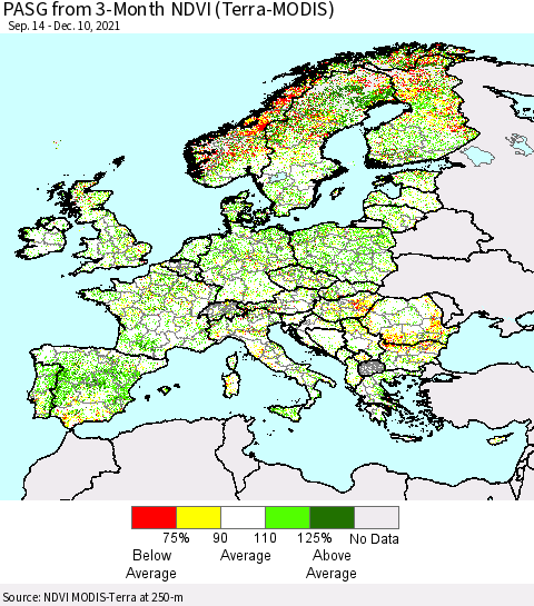 Europe PASG from 3-Month NDVI (Terra-MODIS) Thematic Map For 12/3/2021 - 12/10/2021