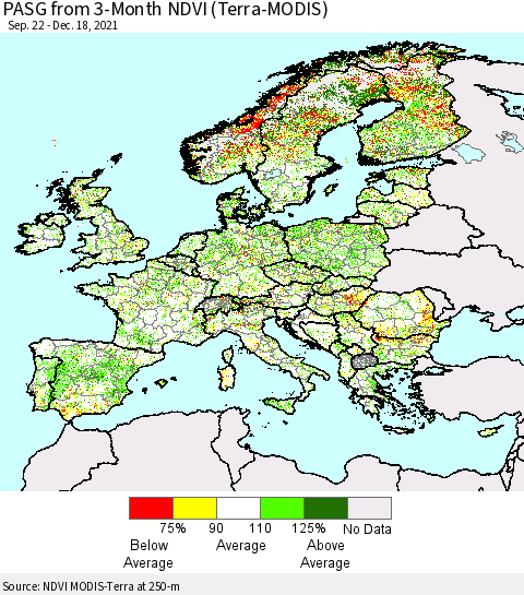 Europe PASG from 3-Month NDVI (Terra-MODIS) Thematic Map For 12/11/2021 - 12/18/2021