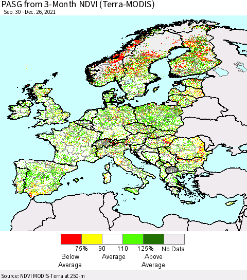 Europe PASG from 3-Month NDVI (Terra-MODIS) Thematic Map For 12/19/2021 - 12/26/2021