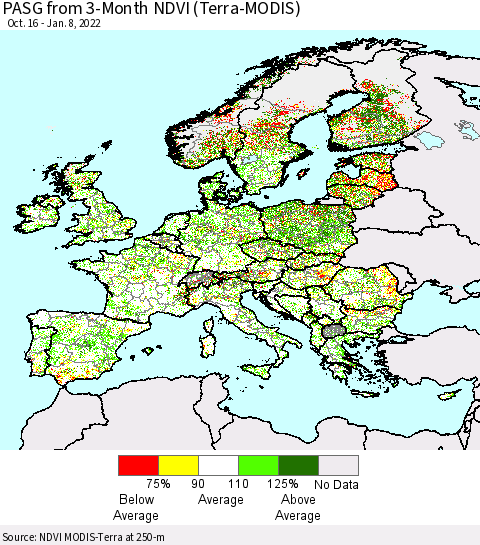 Europe PASG from 3-Month NDVI (Terra-MODIS) Thematic Map For 1/1/2022 - 1/8/2022