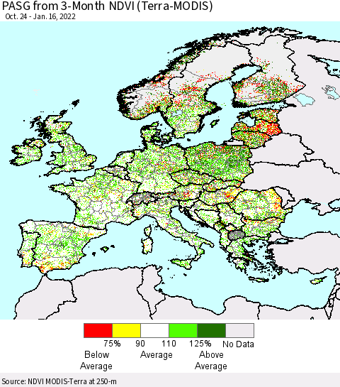 Europe PASG from 3-Month NDVI (Terra-MODIS) Thematic Map For 1/9/2022 - 1/16/2022