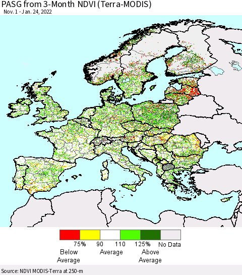 Europe PASG from 3-Month NDVI (Terra-MODIS) Thematic Map For 1/17/2022 - 1/24/2022