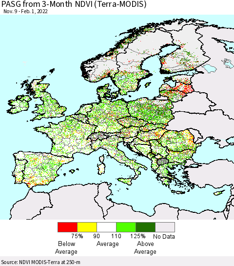 Europe PASG from 3-Month NDVI (Terra-MODIS) Thematic Map For 1/25/2022 - 2/1/2022