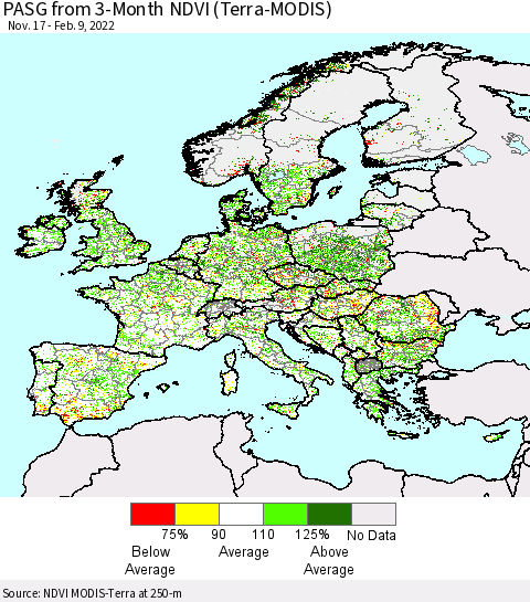 Europe PASG from 3-Month NDVI (Terra-MODIS) Thematic Map For 2/2/2022 - 2/9/2022