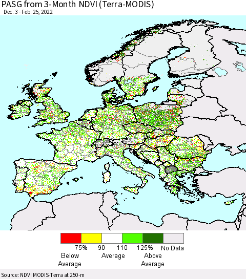Europe PASG from 3-Month NDVI (Terra-MODIS) Thematic Map For 2/18/2022 - 2/25/2022