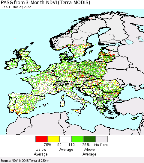 Europe PASG from 3-Month NDVI (Terra-MODIS) Thematic Map For 3/22/2022 - 3/29/2022