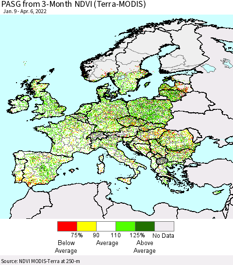 Europe PASG from 3-Month NDVI (Terra-MODIS) Thematic Map For 3/30/2022 - 4/6/2022