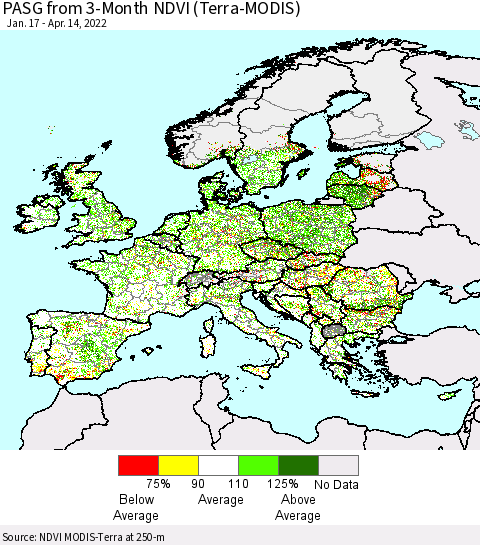 Europe PASG from 3-Month NDVI (Terra-MODIS) Thematic Map For 4/7/2022 - 4/14/2022