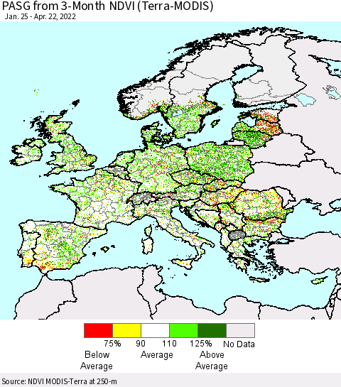 Europe PASG from 3-Month NDVI (Terra-MODIS) Thematic Map For 4/15/2022 - 4/22/2022