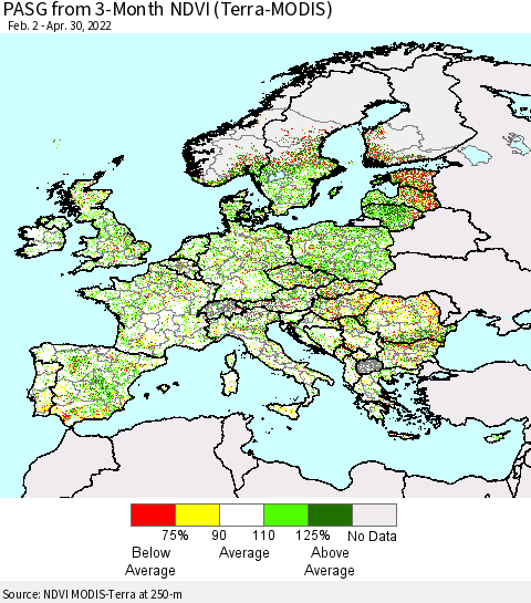 Europe PASG from 3-Month NDVI (Terra-MODIS) Thematic Map For 4/23/2022 - 4/30/2022