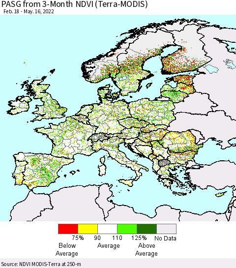 Europe PASG from 3-Month NDVI (Terra-MODIS) Thematic Map For 5/9/2022 - 5/16/2022