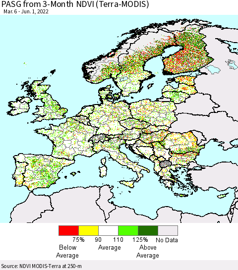Europe PASG from 3-Month NDVI (Terra-MODIS) Thematic Map For 5/25/2022 - 6/1/2022
