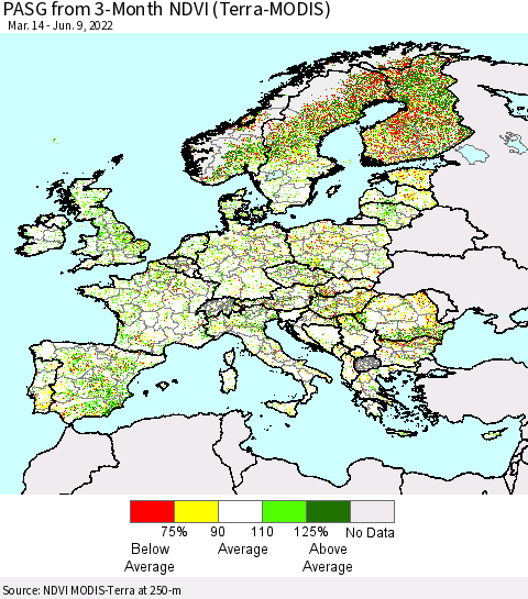 Europe PASG from 3-Month NDVI (Terra-MODIS) Thematic Map For 6/2/2022 - 6/9/2022