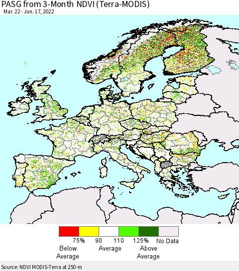 Europe PASG from 3-Month NDVI (Terra-MODIS) Thematic Map For 6/10/2022 - 6/17/2022