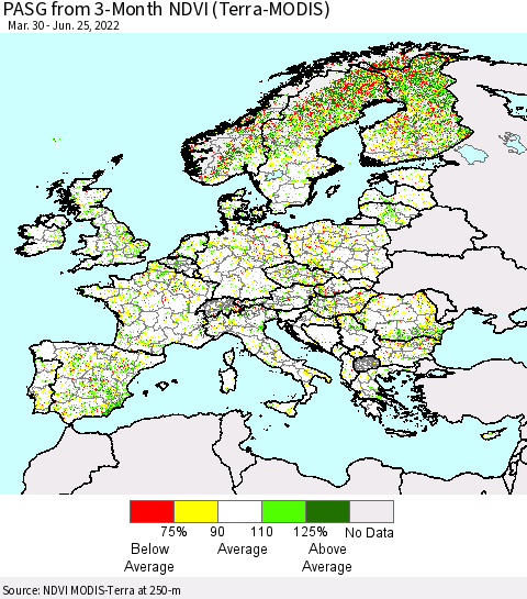 Europe PASG from 3-Month NDVI (Terra-MODIS) Thematic Map For 6/18/2022 - 6/25/2022
