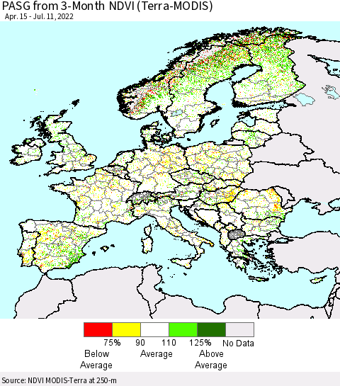 Europe PASG from 3-Month NDVI (Terra-MODIS) Thematic Map For 7/4/2022 - 7/11/2022