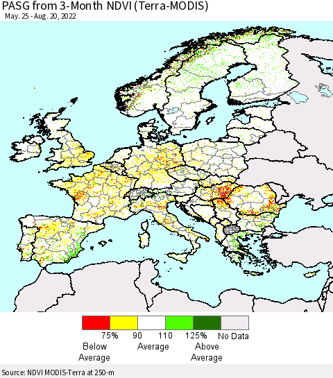 Europe PASG from 3-Month NDVI (Terra-MODIS) Thematic Map For 8/13/2022 - 8/20/2022