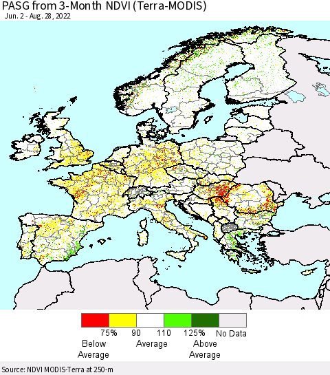 Europe PASG from 3-Month NDVI (Terra-MODIS) Thematic Map For 8/21/2022 - 8/28/2022