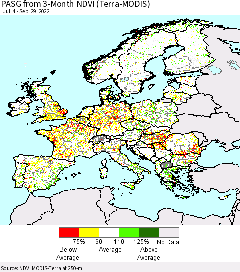 Europe PASG from 3-Month NDVI (Terra-MODIS) Thematic Map For 9/22/2022 - 9/29/2022